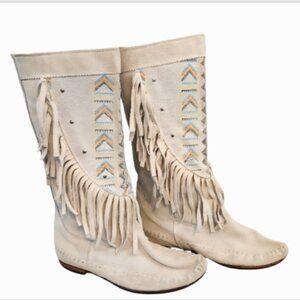 Vtg Cat's Paw Fringe Suede Leather Mid-Calf Studded Moccasin Boots